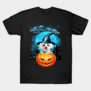 White Maltese Witch Hat Pumpkin And Blue Moon Halloween T-Shirt